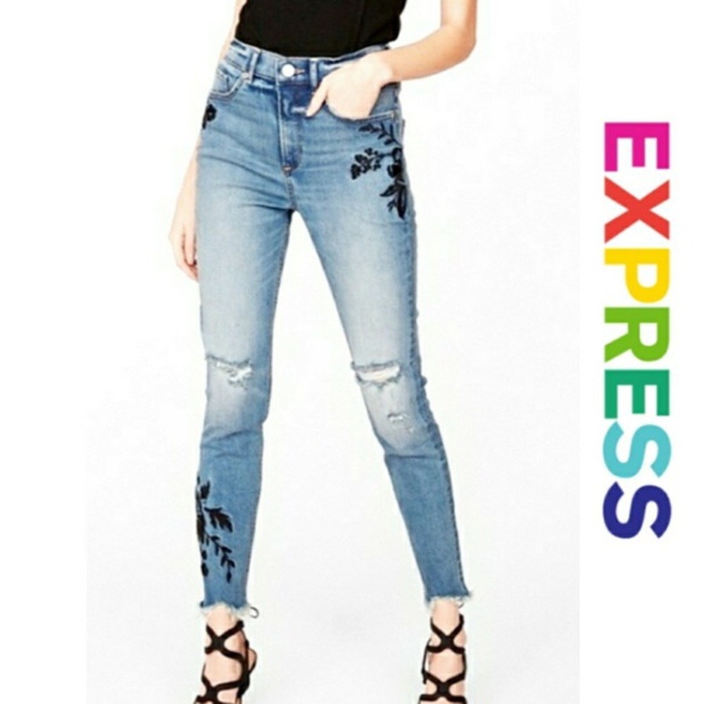 Express super high-rise floral embroidered jeans